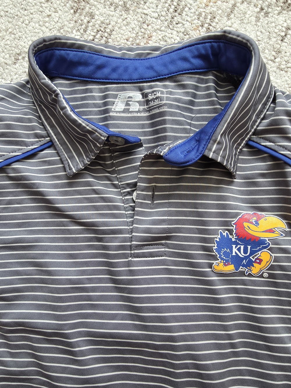Russell Athletic Gray Striped Polo with Blue Trim and KU Jayhawk Patch